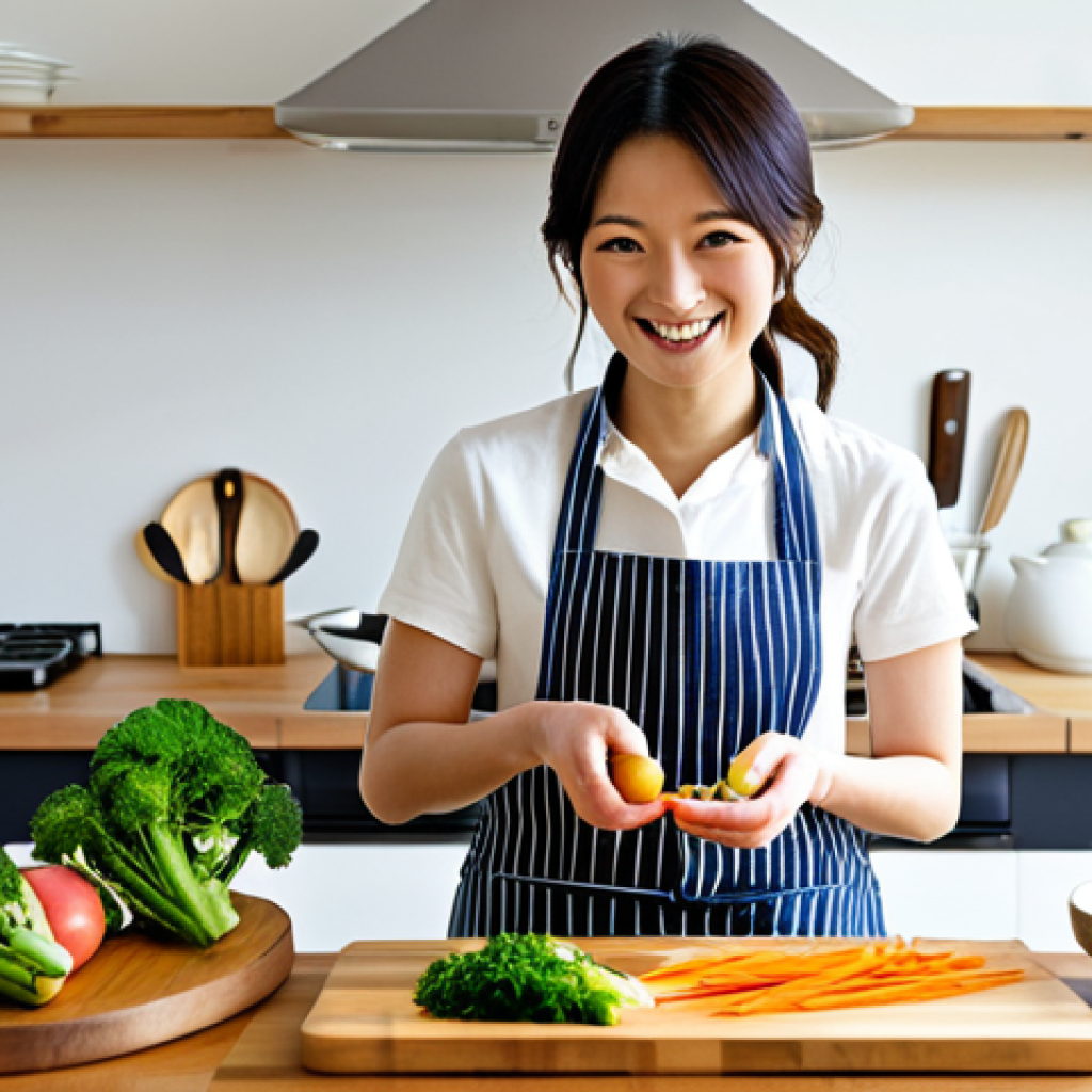 **
"A brightly lit, modern Japanese kitchen featuring a woman in her 30s wearing a modest, casual apron. She is smiling as she prepares a colorful dish using vegetable scraps – carrot peels, broccoli stems, radish leaves – arranged artfully on a wooden cutting board. In the background are neatly organized jars containing homemade *tsukemono* (pickles) and *umeboshi* (pickled plums). The scene evokes a sense of warmth, sustainability, and resourcefulness. fully clothed, safe for work, appropriate content, professional, perfect anatomy, correct proportions, natural pose, well-formed hands, proper finger count, natural body proportions, high quality."
**