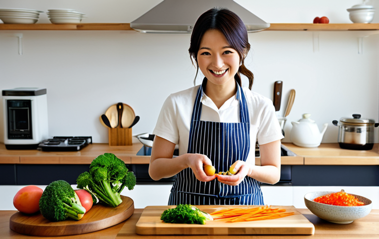 **
"A brightly lit, modern Japanese kitchen featuring a woman in her 30s wearing a modest, casual apron. She is smiling as she prepares a colorful dish using vegetable scraps – carrot peels, broccoli stems, radish leaves – arranged artfully on a wooden cutting board. In the background are neatly organized jars containing homemade *tsukemono* (pickles) and *umeboshi* (pickled plums). The scene evokes a sense of warmth, sustainability, and resourcefulness. fully clothed, safe for work, appropriate content, professional, perfect anatomy, correct proportions, natural pose, well-formed hands, proper finger count, natural body proportions, high quality."
**