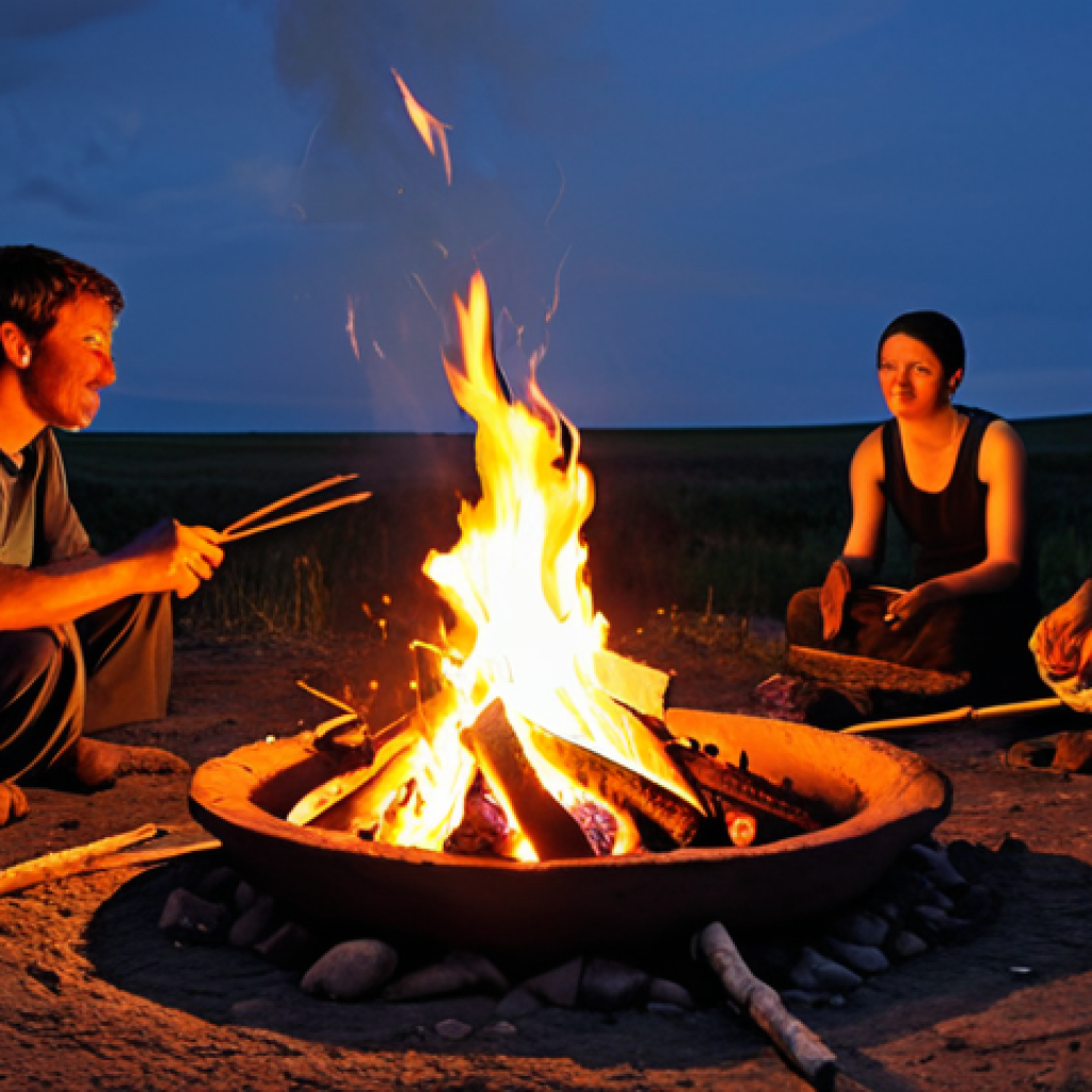 세계 요리 기술의 역사적 배경 - **Prompt:** A vivid scene of early humans gathered around a crackling bonfire at dusk, their faces i...