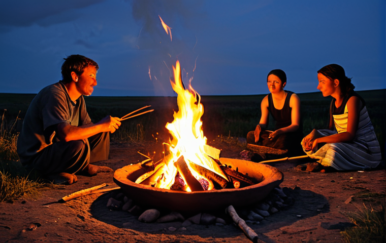 세계 요리 기술의 역사적 배경 - **Prompt:** A vivid scene of early humans gathered around a crackling bonfire at dusk, their faces i...
