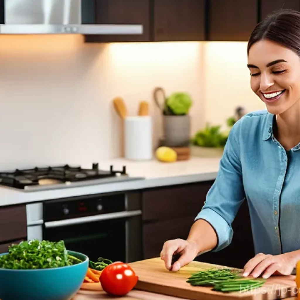 세계 요리 기법의 미래 전망 - **AI Chef Assistant in a Modern Kitchen**
A happy young woman, mid-20s, with short, stylish hair...