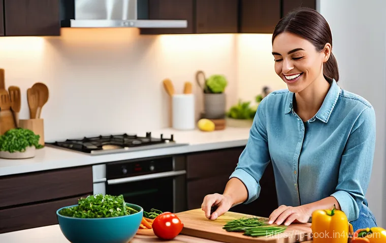 세계 요리 기법의 미래 전망 - **AI Chef Assistant in a Modern Kitchen**
    A happy young woman, mid-20s, with short, stylish hair...