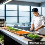 세계 요리 기술의 교육 체계 변화 - A modern culinary classroom blending traditional and cutting-edge techniques, featuring a young Japa...