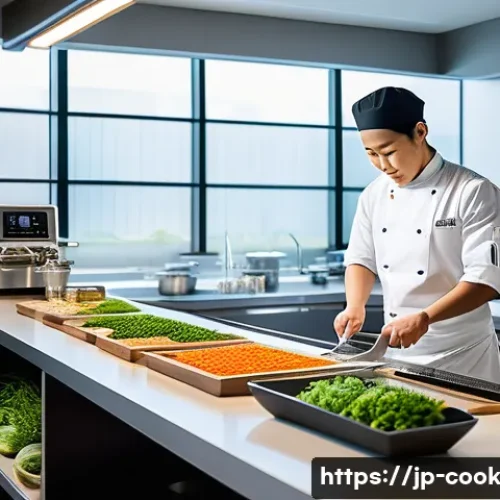 세계 요리 기술의 교육 체계 변화 - A modern culinary classroom blending traditional and cutting-edge techniques, featuring a young Japa...