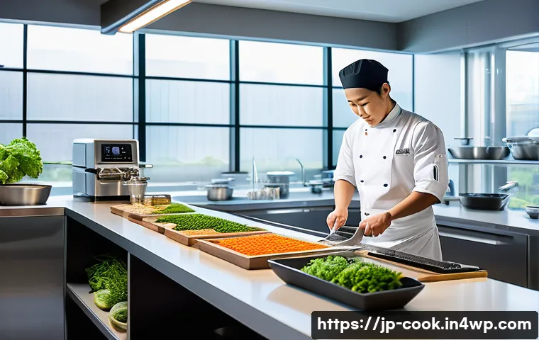 세계 요리 기술의 교육 체계 변화 - A modern culinary classroom blending traditional and cutting-edge techniques, featuring a young Japa...