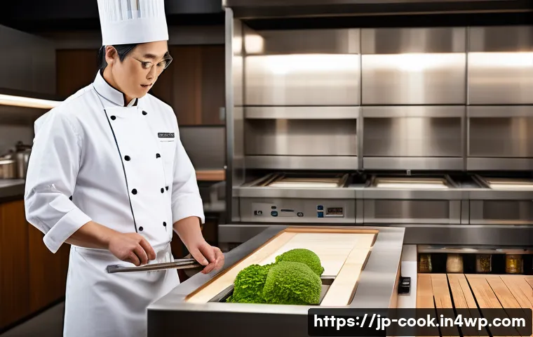 요리 기술 통합의 사회적 영향 - A modern Japanese kitchen scene showcasing a skilled chef blending traditional fermentation techniqu...