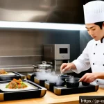 다양한 요리 기술의 협력적 발전 - A modern Japanese kitchen scene showcasing a skilled chef blending traditional cooking techniques wi...