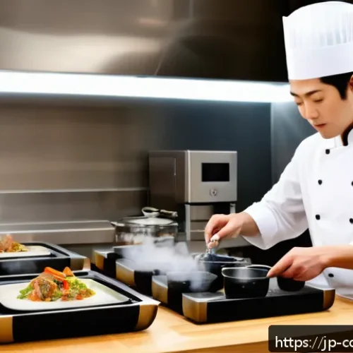 다양한 요리 기술의 협력적 발전 - A modern Japanese kitchen scene showcasing a skilled chef blending traditional cooking techniques wi...