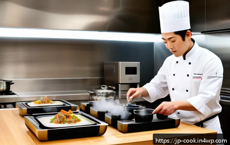 다양한 요리 기술의 협력적 발전 - A modern Japanese kitchen scene showcasing a skilled chef blending traditional cooking techniques wi...