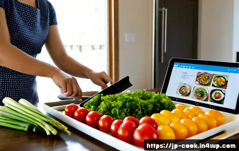 요리 기술 통합을 위한 디지털 플랫폼 활용 - Photorealistic modern Japanese home kitchen, an adult Japanese woman following a visual cooking tuto...